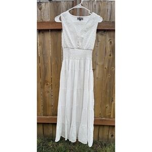 Angie Women's Cream Boho Tiered Maxi Dress Smocked Waist Sleeveless Cottagecore